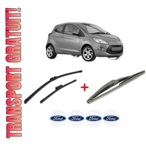 Set 3 stergatoare FORD KA (RU8) din 2008 - 2016, pentru parbriz si luneta fata si spate auto, Bosch Twin, din cauciuc siliconat rezistent, 4 Stickere Auto FORD