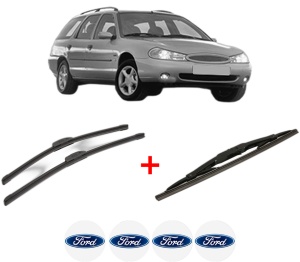 Set 3 stergatoare FORD MONDEO II Turnier (BNP) din 1996 - 2000, pentru parbriz si luneta fata si spate auto, Bosch Twin, din cauciuc siliconat rezistent, 4 Stickere Auto FORD v10541