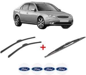 Set 3 stergatoare FORD MONDEO III (B5Y) din 2000 - 2007, pentru parbriz si luneta fata si spate auto, Bosch Twin, din cauciuc siliconat rezistent, 4 Stickere Auto FORD v9641