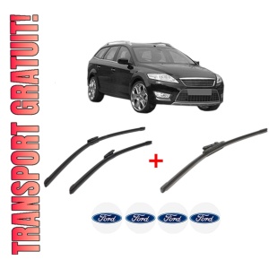 Set 3 stergatoare FORD MONDEO IV (BA7) din 2007 - 2015, pentru parbriz si luneta fata si spate auto, Bosch Aerotwin, din cauciuc siliconat rezistent, 4 Stickere Auto FORD