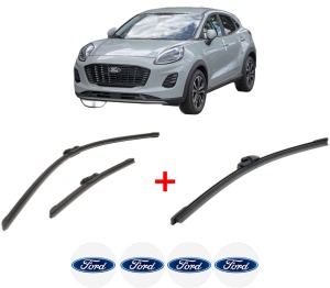 Set 3 stergatoare FORD PUMA (J2K, CF7) din 2019, pentru parbriz si luneta fata si spate auto, Bosch Aerotwin, din cauciuc siliconat rezistent, 4 Stickere Auto FORD v6581