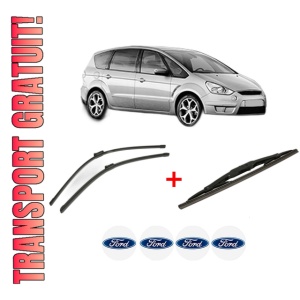 Set 3 stergatoare FORD S-MAX (WA6) din 2006 - 2014, pentru parbriz si luneta fata si spate auto, Bosch Twin, din cauciuc siliconat rezistent, 4 Stickere Auto FORD