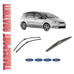 Set 3 stergatoare FORD S-MAX (WA6) din 2006-2014, pentru parbriz si luneta fata si spate auto, Bosch Twin-Aerotwin, din cauciuc siliconat rezistent, 4 Stickere Auto FORD