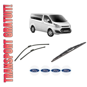 Set 3 stergatoare FORD TRANSIT CUSTOM V362 Bus (F3) din 2012-2023, pentru parbriz si luneta fata si spate auto, Bosch Twin-Aerotwin, din cauciuc siliconat rezistent, 4 Stickere Auto FORD