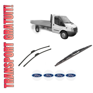 Set 3 stergatoare FORD TRANSIT Platform/Chassis (FM_ _, FN_ _, FF_ _) din 2006-2014, pentru parbriz si luneta fata si spate auto, Bosch Twin-Aerotwin Retrofit, din cauciuc siliconat rezistent, 4 Stickere Auto FORD