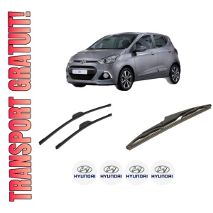 Set 3 stergatoare HYUNDAI i10 II (BA, IA) din 2013-2019, pentru parbriz si luneta fata si spate auto, Bosch Twin-Aerotwin Retrofit, din cauciuc siliconat rezistent, 4 Stickere Auto HYUNDAI