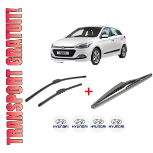 Set 3 stergatoare HYUNDAI i20 II Coupe (GB) din 2015 - 2021, pentru parbriz si luneta fata si spate auto, Bosch Twin, din cauciuc siliconat rezistent, 4 Stickere Auto HYUNDAI