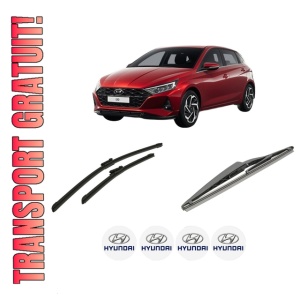 Set 3 stergatoare HYUNDAI i20 III (BC3, BI3) din 2020-2024, pentru parbriz si luneta fata si spate auto, Bosch Twin-Aerotwin, din cauciuc siliconat rezistent, 4 Stickere Auto HYUNDAI