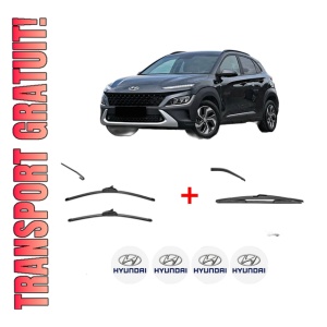 Set 3 stergatoare HYUNDAI KONA SUV Van (OS, OSE, OSI) din 2017, pentru parbriz si luneta fata si spate auto, Valeo Silencio, din cauciuc siliconat rezistent, 4 Stickere Auto HYUNDAI