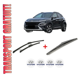Set 3 stergatoare HYUNDAI KONA SUV Van (OS, OSE, OSI) din 2017, pentru parbriz si luneta fata si spate auto, Bosch Twin, din cauciuc siliconat rezistent, 4 Stickere Auto HYUNDAI