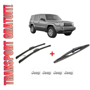 Set 3 stergatoare JEEP COMMANDER (XK, XH) din 2005 - 2010, pentru parbriz si luneta fata si spate auto, Bosch Twin, din cauciuc siliconat rezistent, 4 Stickere Auto JEEP