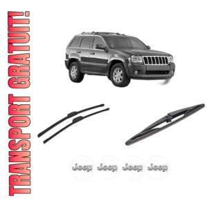 Set 3 stergatoare JEEP GRAND CHEROKEE III (WH, WK) din 2004-2011, pentru parbriz si luneta fata si spate auto, Bosch Twin-Aerotwin Retrofit, din cauciuc siliconat rezistent, 4 Stickere Auto JEEP