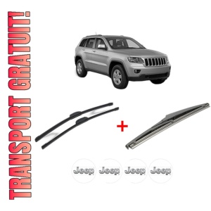 Set 3 stergatoare JEEP GRAND CHEROKEE IV (WK, WK2) din 2010, pentru parbriz si luneta fata si spate auto, Bosch Twin, din cauciuc siliconat rezistent, 4 Stickere Auto JEEP