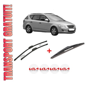 Set 3 stergatoare KIA CEE'D SW (ED) din 2007 - 2012, pentru parbriz si luneta fata si spate auto, Bosch Twin, din cauciuc siliconat rezistent, 4 Stickere Auto KIA