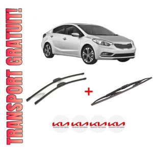 Set 3 stergatoare KIA CERATO III Saloon (YD) din 2013 - 2018, pentru parbriz si luneta fata si spate auto, Bosch Twin, din cauciuc siliconat rezistent, 4 Stickere Auto KIA