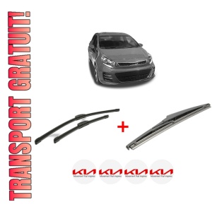Set 3 stergatoare KIA RIO III Hatchback Van (UB) din 2011 - 2017, pentru parbriz si luneta fata si spate auto, Bosch Twin, din cauciuc siliconat rezistent, 4 Stickere Auto KIA