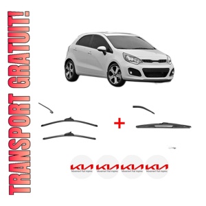 Set 3 stergatoare KIA RIO III (UB) din 2011 - 2017, pentru parbriz si luneta fata si spate auto, Valeo Silencio, din cauciuc siliconat rezistent, 4 Stickere Auto KIA