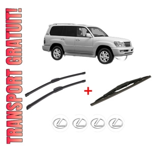 Set 3 stergatoare LEXUS LX (UZJ100) din 1998 - 2008, pentru parbriz si luneta fata si spate auto, Bosch Twin, din cauciuc siliconat rezistent, 4 Stickere Auto LEXUS