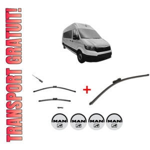 Set 3 stergatoare MAN TGE Bus din 2017 - 2024, pentru parbriz si luneta fata si spate auto, Valeo Silencio Xtrm, din cauciuc siliconat rezistent, 4 Stickere Auto MAN