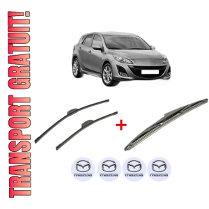 Set 3 stergatoare MAZDA 3 (BL) din 2008 - 2014, pentru parbriz si luneta fata si spate auto, Bosch Twin, din cauciuc siliconat rezistent, 4 Stickere Auto MAZDA