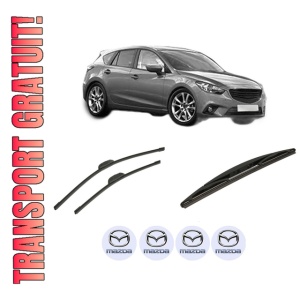 Set 3 stergatoare MAZDA 3 (BM, BN) din 2013-2019, pentru parbriz si luneta fata si spate auto, Bosch Twin-Aerotwin, din cauciuc siliconat rezistent, 4 Stickere Auto MAZDA