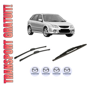 Set 3 stergatoare MAZDA 323 F VI Hatchback (BJ) din 1998-2004, pentru parbriz si luneta fata si spate auto, Bosch Twin-Aerotwin Retrofit, din cauciuc siliconat rezistent, 4 Stickere Auto MAZDA