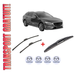 Set 3 stergatoare MAZDA 6 Estate Van (GJ) din 2013 - 2016, pentru parbriz si luneta fata si spate auto, Bosch Twin, din cauciuc siliconat rezistent, 4 Stickere Auto MAZDA