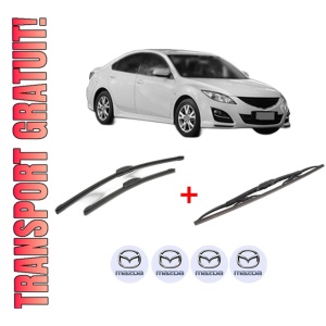 Set 3 stergatoare MAZDA 6 Hatchback (GH) din 2007 - 2013, pentru parbriz si luneta fata si spate auto, Bosch Twin, din cauciuc siliconat rezistent, 4 Stickere Auto MAZDA