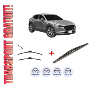Set 3 stergatoare MAZDA CX-30 (DM) din 2019, pentru parbriz si luneta fata si spate auto, Valeo Silencio, din cauciuc siliconat rezistent, 4 Stickere Auto MAZDA
