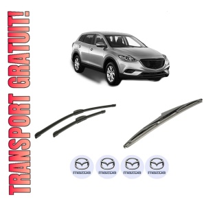 Set 3 stergatoare MAZDA CX-9 (TB) din 2006-2007, pentru parbriz si luneta fata si spate auto, Bosch Twin-Aerotwin Retrofit, din cauciuc siliconat rezistent, 4 Stickere Auto MAZDA