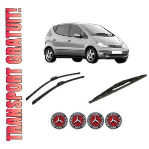Set 3 stergatoare MERCEDES-BENZ A-CLASS (W168) din 1997-2004, pentru parbriz si luneta fata si spate auto, Bosch Twin-Aerotwin Retrofit, din cauciuc siliconat rezistent, 4 Stickere Auto MERCEDES-BENZ