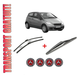 Set 3 stergatoare MERCEDES-BENZ A-CLASS (W169) din 2004 - 2012, pentru parbriz si luneta fata si spate auto, Bosch Twin, din cauciuc siliconat rezistent, 4 Stickere Auto MERCEDES-BENZ