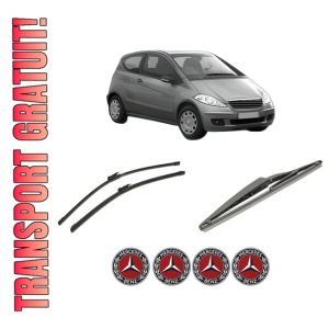 Set 3 stergatoare MERCEDES-BENZ A-CLASS (W169) din 2004-2012, pentru parbriz si luneta fata si spate auto, Bosch Twin-Aerotwin, din cauciuc siliconat rezistent, 4 Stickere Auto MERCEDES-BENZ