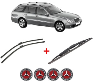 Set 3 stergatoare MERCEDES-BENZ E-CLASS T-Model (S211) din 2003 - 2009, pentru parbriz si luneta fata si spate auto, Bosch Twin, din cauciuc siliconat rezistent, 4 Stickere Auto MERCEDES-BENZ v9701