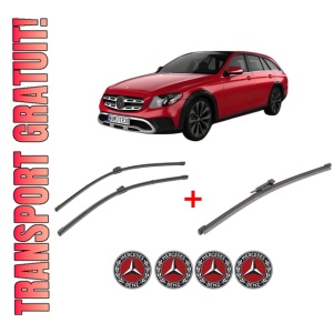 Set 3 stergatoare MERCEDES-BENZ E-CLASS T-Model (S213) din 2016 - 2023, pentru parbriz si luneta fata si spate auto, Valeo Silencio Xtrm, din cauciuc siliconat rezistent, 4 Stickere Auto MERCEDES-BENZ