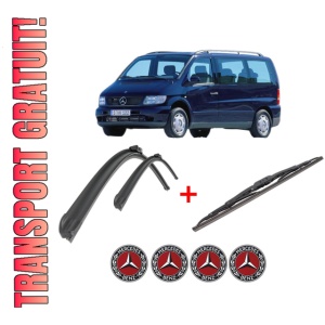 Set 3 stergatoare MERCEDES-BENZ V-CLASS Van (638/2) din 1996 - 2003, pentru parbriz si luneta fata si spate auto, Bosch Twin, din cauciuc siliconat rezistent, 4 Stickere Auto MERCEDES-BENZ