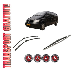 Set 3 stergatoare MERCEDES-BENZ VITO / MIXTO Van (W639) din 2003-2012, pentru parbriz si luneta fata si spate auto, Bosch Twin-Aerotwin, din cauciuc siliconat rezistent, 4 Stickere Auto MERCEDES-BENZ