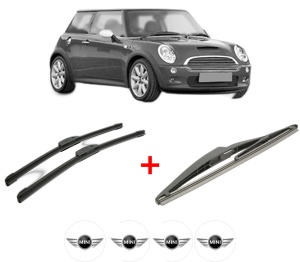Set 3 stergatoare MINI MINI (R50, R53) din 2001 - 2006, pentru parbriz si luneta fata si spate auto, Bosch Twin, din cauciuc siliconat rezistent, 4 Stickere Auto MINI v7421