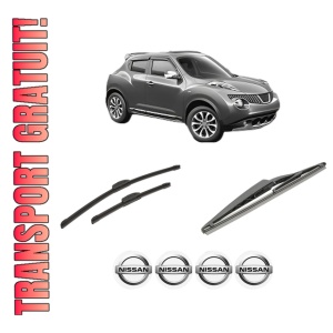 Set 3 stergatoare NISSAN JUKE (F15) din 2010-2019, pentru parbriz si luneta fata si spate auto, Bosch Twin-Aerotwin Retrofit, din cauciuc siliconat rezistent, 4 Stickere Auto NISSAN