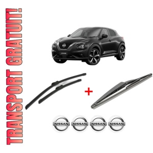 Set 3 stergatoare NISSAN JUKE (F16_) din 2019, pentru parbriz si luneta fata si spate auto, Bosch Twin, din cauciuc siliconat rezistent, 4 Stickere Auto NISSAN