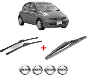 Set 3 stergatoare NISSAN MICRA III (K12) din 2002 - 2010, pentru parbriz si luneta fata si spate auto, Bosch Twin, din cauciuc siliconat rezistent, 4 Stickere Auto NISSAN v8681