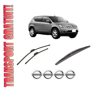 Set 3 stergatoare NISSAN MURANO I (Z50) din 2003-2008, pentru parbriz si luneta fata si spate auto, Bosch Twin-Aerotwin Retrofit, din cauciuc siliconat rezistent, 4 Stickere Auto NISSAN