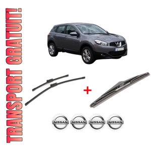 Set 3 stergatoare NISSAN QASHQAI I VAN (J10) din 2013 - 2014, pentru parbriz si luneta fata si spate auto, Bosch Twin, din cauciuc siliconat rezistent, 4 Stickere Auto NISSAN