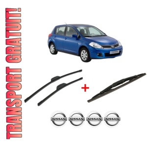 Set 3 stergatoare NISSAN TIIDA Hatchback (C11) din 2004 - 2013, pentru parbriz si luneta fata si spate auto, Bosch Twin, din cauciuc siliconat rezistent, 4 Stickere Auto NISSAN