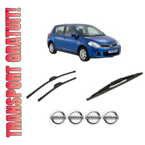 Set 3 stergatoare NISSAN TIIDA Hatchback (C11) din 2004-2013, pentru parbriz si luneta fata si spate auto, Bosch Twin-Aerotwin Retrofit, din cauciuc siliconat rezistent, 4 Stickere Auto NISSAN