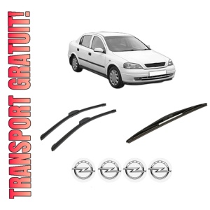 Set 3 stergatoare OPEL ASTRA G Saloon (T98) din 1998-2009, pentru parbriz si luneta fata si spate auto, Bosch Twin-Aerotwin Retrofit, din cauciuc siliconat rezistent, 4 Stickere Auto OPEL