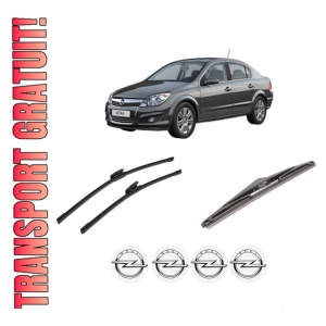 Set 3 stergatoare OPEL ASTRA H CLASSIC Saloon (A04) din 2009-2014, pentru parbriz si luneta fata si spate auto, Bosch Twin-Aerotwin Multi, din cauciuc siliconat rezistent, 4 Stickere Auto OPEL