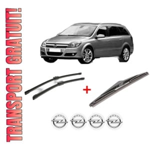 Set 3 stergatoare OPEL ASTRA H Estate (A04) din 2004 - 2014, pentru parbriz si luneta fata si spate auto, Bosch Twin, din cauciuc siliconat rezistent, 4 Stickere Auto OPEL