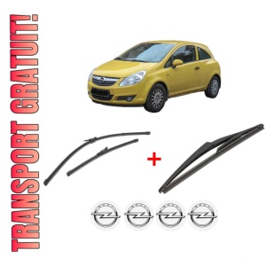 Set 3 stergatoare OPEL CORSA D Hatchback Van (S07) din 2006 - 2014, pentru parbriz si luneta fata si spate auto, Valeo Silencio, din cauciuc siliconat rezistent, 4 Stickere Auto OPEL