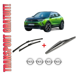 Set 3 stergatoare OPEL MOKKA din 2012 - 2019, pentru parbriz si luneta fata si spate auto, Bosch Twin, din cauciuc siliconat rezistent, 4 Stickere Auto OPEL